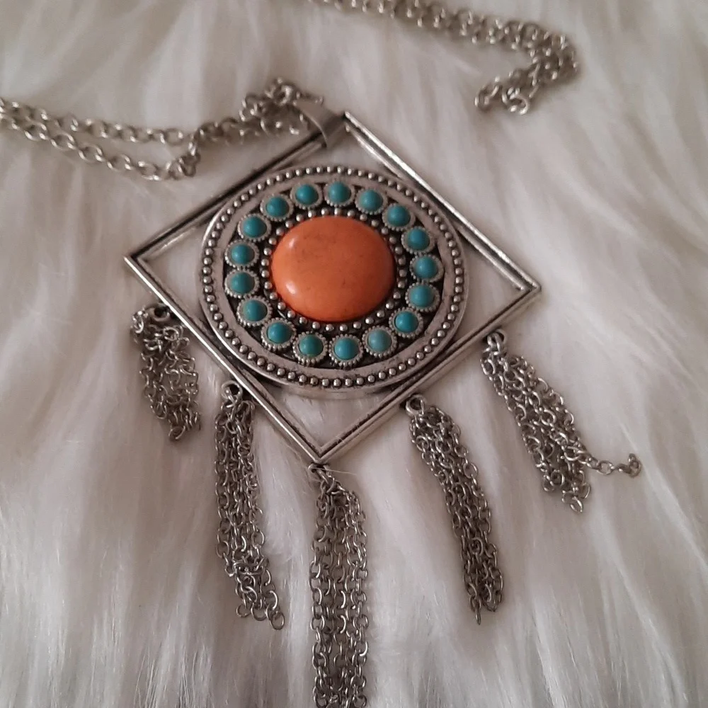 3/25$ sandstone faux turquoise/coral fringe fashion necklace silvertone - Picture 7 of 7